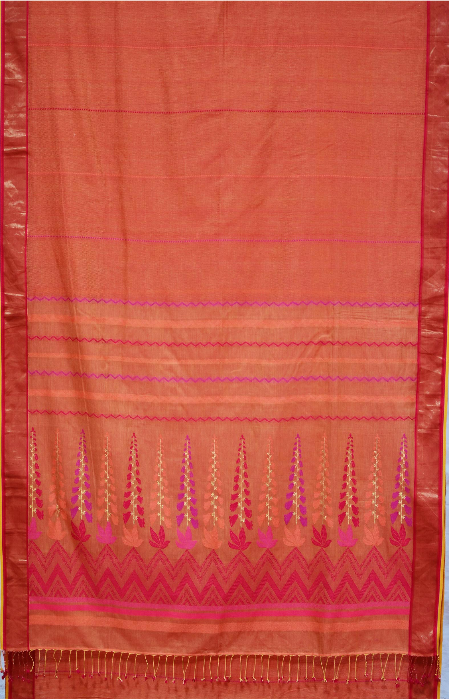 Orange, Handwoven Organic Cotton, Textured Weave , Jacquard, Work Wear, Jari, Striped Saree